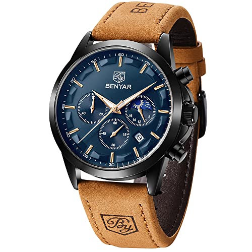 BY BENYAR Watches for Men Chronograph Waterproof Men's Wrist Watches Business Work Casual Sport Fashion Brown Leather Mens Dress Watch Unique Elegant Gifts for Men