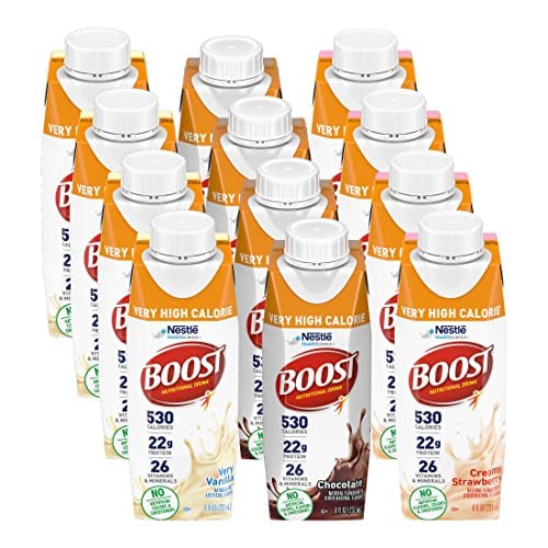 Boost Very High Calorie Nutritional Drink Variety Pack, 4 Bottles Very Vanilla, 4 Bottles Chocolate, 4 Bottles Creamy Strawberry, 8 FL OZ Bottles, 12 CT