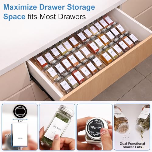 Brippo Spice Drawer Organizer, Includes 24 Spice Jars and 378 Labels with 5-Tier Clear Acrylic Riser Display Stand, Adjustable From 9-to-18 inch Spice Tray for Drawer, Kitchen Drawer Spice Rack Tray