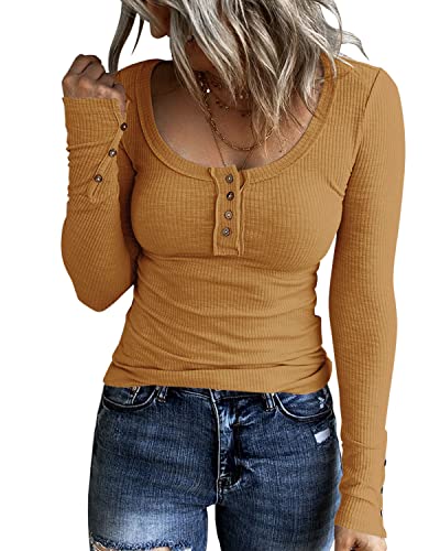KINLONSAIR Women’s Long Sleeve Henley T Shirts Button Down Slim Fit Tops Scoop Neck Ribbed Knit Shirts Khaki