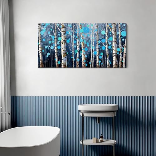HKDGOKA Wall Art for Living Room Blue Forest Painting Abstract Tree Landscape Panoramic Canvas Textured Picture,Modern Larg Artwork Framed for Bedroom Bathroom Office Home Decor 40"x20"