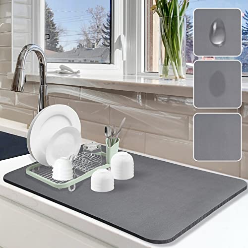 Dish Drying Mat for Kitchen Counter, 16"x24" Dish Drying Pad with Non-slip Rubber Backed, Hide Stain Anti Absorbent for Kitchen Counter, Drying Mat for Coffee Machine Dish Rack (Grey)