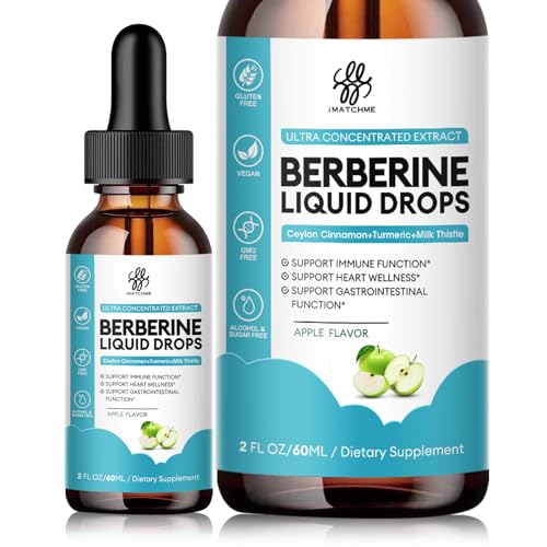 Berberine HCL 1200mg, 6-in-1 Berberine Complex Liquid drop for Cardiovascular Care & Body Management, Berberine with Ceylon Cinnamon, Antioxidant & Heart Health Support, Apple Flavor, 2 Fl Oz
