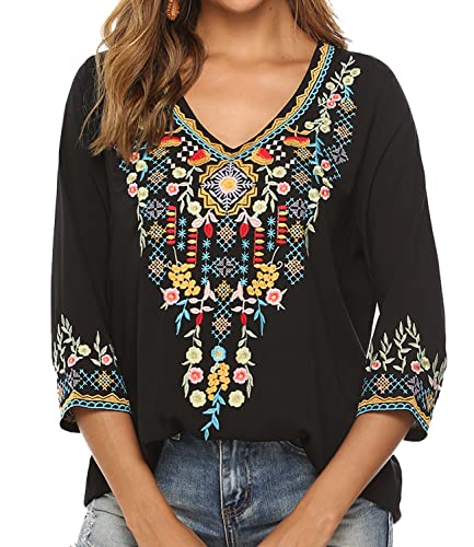 Higustar Mexican Shirts for Women Embroidered Tops Bohemian Peasant Blouse Plus Size Tunic Fiesta Cotton Clothes White