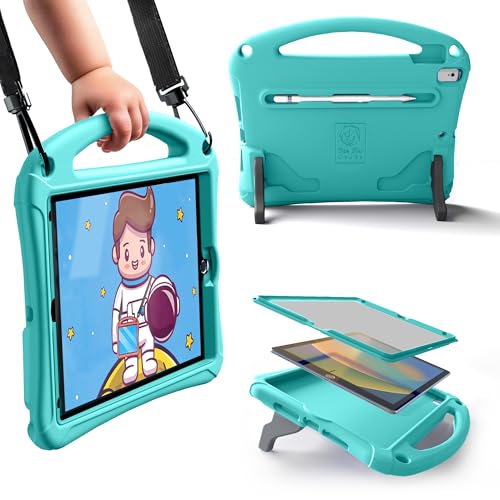 Bam Bino Space Suit iPad 9th Generation Case Kids, iPad 8th/7th/10.2 inch iPad Case for Kids | Lightweight Cover with Screen Protector, Handle, Stand, Shoulder Strap, Pencil Holder (Turquoise)