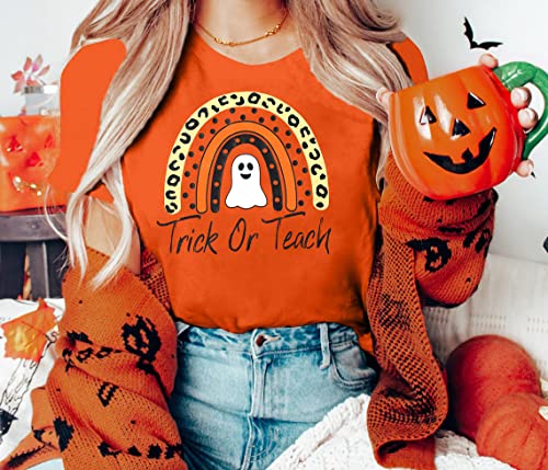 Trick Or Teach Shirt Women Halloween Teacher T-Shirts Rainbow Ghost Graphic Tees Tops Casual Letter Print Shirts Tops