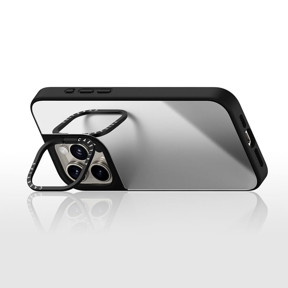 CASETiFY Mirror Ring Stand Case for iPhone 15 [3X Military Grade Drop Tested / 6.6ft Drop Protection/Compatible with Magsafe] - Silver on Black