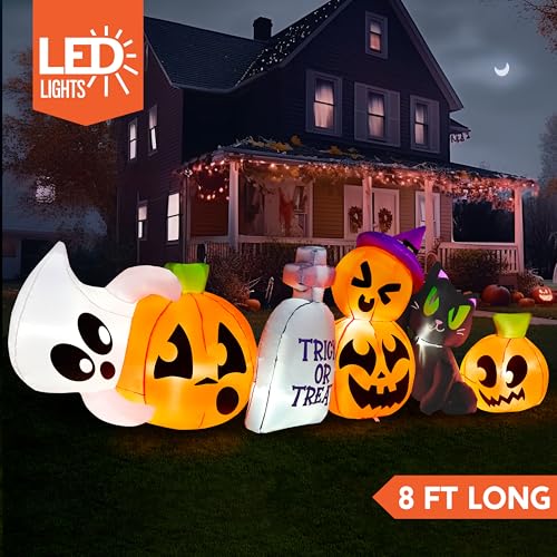 Joiedomi 8 FT Long Halloween Inflatables Outdoor Decoration, Halloween Blow Up Decorations Outside Inflatable Pumpkin Ghost Cat Tombstone with LEDs for Halloween Decor, Halloween Yard Decorations