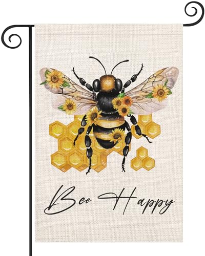Smilyard Hello Summer Bee Garden Flag 12x18 Inch Vertical Double Sided for Outside, Small Burlap Yellow Bumble Bee Nest Honeycomb Farmhouse Holiday Yard Flag Outdoor Decoration