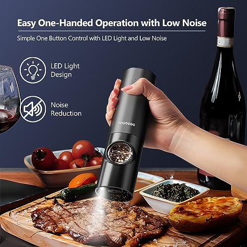 Electric Salt and Pepper Grinder Set with Rechargeable Base & LED Light - Upgraded Automatic Refillable Pepper Mill Shakers - Adjustable Coarseness, One-Hand Operation for Kitchen(2 Pack, Black&Black)