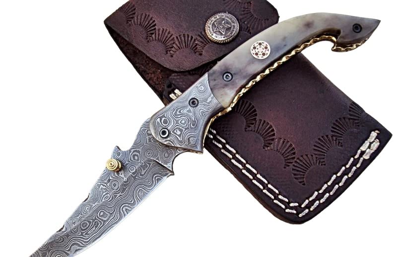 Limited Edition - FNA-32 Custom Handmade Damascus Steel Folding Knife - Beautiful Camel Bone Handle with Damascus Steel Bolsters (Colored Bone)