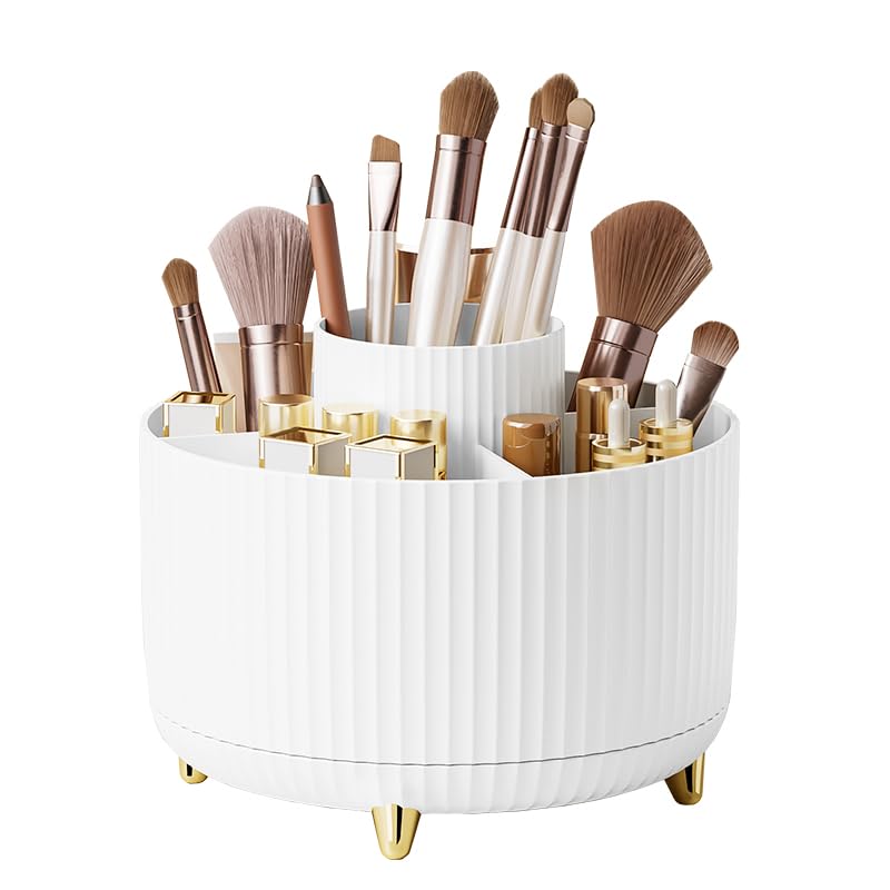 Diesisa Makeup Brush Holder Organizer,360° Rotating Makeup Brush Organizer,5 Slot Make up Brushes Cup for Cosmetics, Nail Polish, Art Supply, Bathroom Vanity Desktop Organizer - White