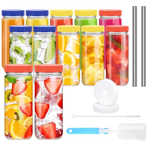 Sursip 24oz Glass Water Bottle Set of 6, Leak Proof Clear glass juice bottle for juicing, Reusable Drinking Bottles with Stainless Steel Lid, Beverage Storage Containers for Refrigerator-BPA Free