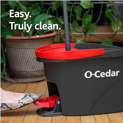 O-Cedar Easywring Microfiber Spin Mop & Bucket Floor Cleaning System with 1 Extra Refill,Red / Gray