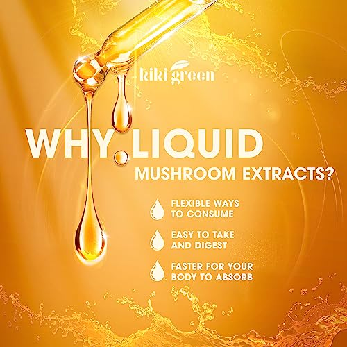 KIKI Green Liquid Mushroom Extract Drops - 8 Mushrooms Complex for Cognitive Support and Immunity Boost - Lions Mane Supplement, Cordyceps, Chaga, Reishi, Shiitake, Turkey Tail, Maitake, Red Reishi