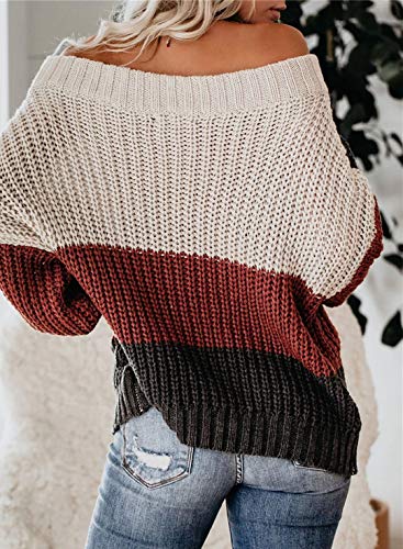 VIMPUNEC Womens Oversized Sweater Color Block Off The Shoulder Pullover Sweaters Cable Knit Chunky Striped Tops White Black S