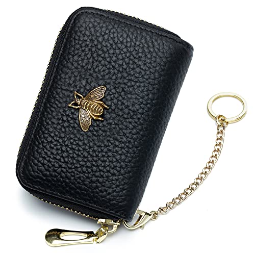 imeetu RFID Credit Card Holder, Small Leather Zipper Card Case Wallet with Keychain and ID Window for Women (Pro,Taupe Grey)