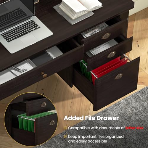 Tangkula Computer Desk with 4 Storage Drawers & Hutch, Home Office Desk Vintage Desk with Storage Shelves, Wooden Executive Desk Writing Study Desk (Black)