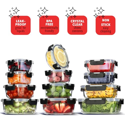 EATEX 12-Pack Glass Food Storage Containers with Lids, Airtight Glass Meal Prep Containers, Reusable Glass Food Containers with Leakproof Snap Lock Lids, Oven Microwave Freezer Safe Lunch Containers