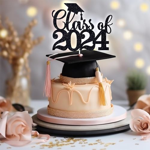 Class of 2024 Cake Topper 6Pcs Glitter Congrats Grad 2024 Congrats Graduation Party Decorations Supplies, Black