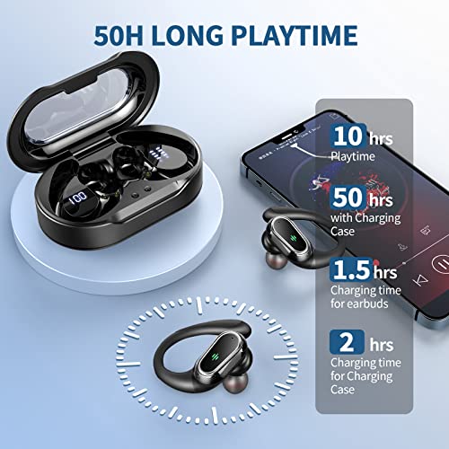 Wireless Earbuds, 2025 Bluetooth 5.4 Headphones Sport, Bluetooth Earbuds with ENC Noise Canceling Mic, 50H Stereo Wireless Headphones IP7 Waterproof with Earhooks, Dual LED Display for Running/Workout