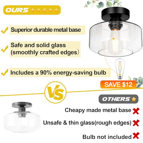 Industrial Semi Flush Mount Ceiling Light, 800 Lumen LED Bulb Included, Seeded Glass Shade Farmhouse Light Fixture for Hallway Corridor Kitchen Bathroom Bedroom Passway