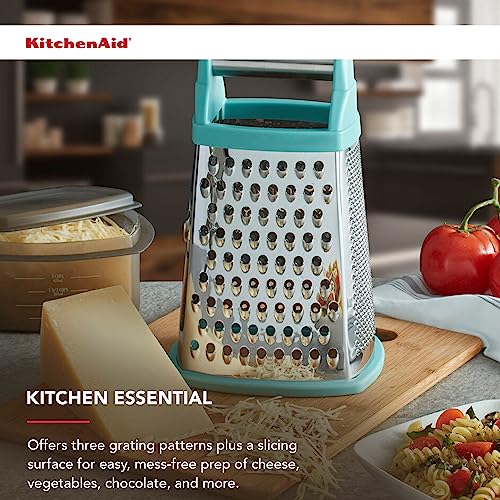 KitchenAid Gourmet 4-Sided Stainless Steel Box Grater for Fine, Medium and Coarse Grate, and Slicing, Detachable 3 Cup Storage Container and Measurment Markings, Dishwasher Safe, 10 inches tall, Aqua