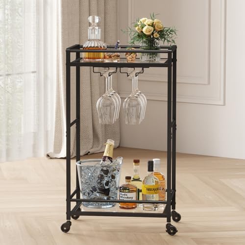 Lifewit Bar Cart Gold, Home Serving Bar Cart with Lockable Wheels, Wine Rolling Cart with 2 Tier Glass Shelves, Liquor Cart with Glass Holder, Beverage Cart for Kitchen Dining Living Room, Black