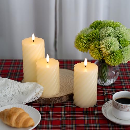 Yongmao Flameless Candles with Remote, Ivory LED Battery Operated Spiral Real Wax Pillar Candles Warm Light 3D Wick Flickering with Remote for Home Party Decor D 3" H 4" 5" 6"(Set of 3)