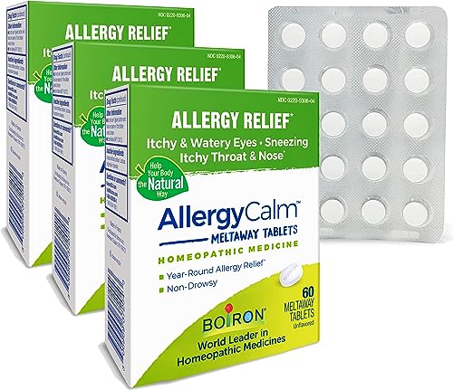Boiron AllergyCalm Tablets 180 Count, Relief from Allergies and Hay Fever Symptoms of Sneezing, Runny Nose, and Itchy Eyes or Throat, Allergy Calm Tabs (Formerly RhinAllergy) (Pack of 3 60ct Boxes)