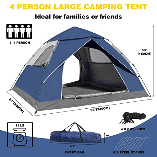 anngrowy Camping Tents 4 Person Instant Pop Up Tent for Camping Waterproof Cabin Tents for Camp Easy Set up 2 in 1 Family Dome Tent with Rainfly Sun Shelter for Hiking & Traveling & Beach