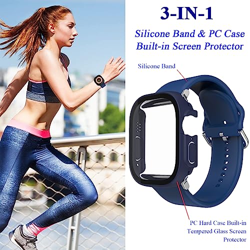 Lasllaves 3 In 1 For Apple Watch Ultra 2 Band and Case 49mm, for Apple Watch Ultra Silicone Soft Strap with PC Hard Cover Built-in Tempered Glass Screen Protector for iWatch Ultra (49mm, Blue)