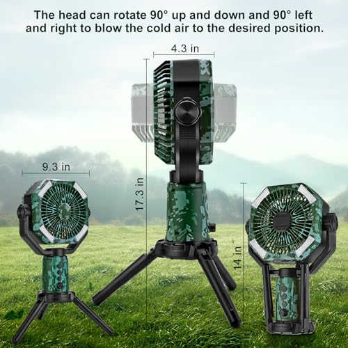 Camping Fan with LED Lights, 20,000mAh Rechargeable Battery Powered Fan, Portable Fan with Remote Control and Oscillating Function for Outdoor Travel, Fishing, Power Outages and Workplaces (Green)