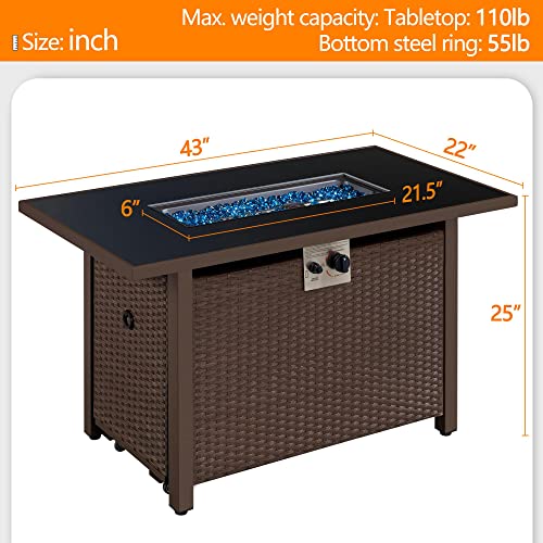 Yaheetech Propane Fire Pit 43 inch Gas Fire Pit Table 50,000 BTU Auto-Ignition 2 in 1 Gas Firepit with Ceramic Tabletop, Steel Base, Glass Fire Stones and Waterproof Cover, CSA Certification