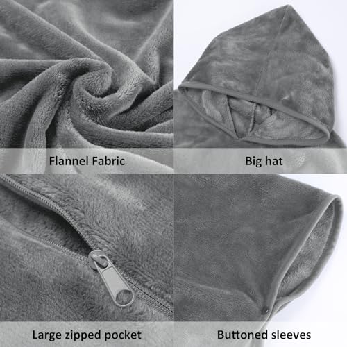Gentlewarm Travel Blanket Flannel Foldable Wearable Blanket with Hood Giant Zippered Pocket Super Soft Cozy for Couch Lovers One Size Fits All Woman Man