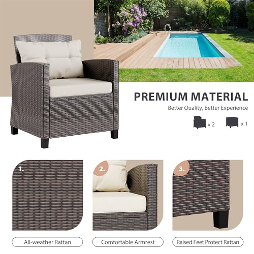 Vongrasig 3 Piece Patio Furniture Set Small Outdoor Wicker Rattan Front Porch Bistro Set Cushioned Patio Chairs Conversation Set with Glass Table for Lawn, Garden, Backyard, Balcony, Poolside (Beige)