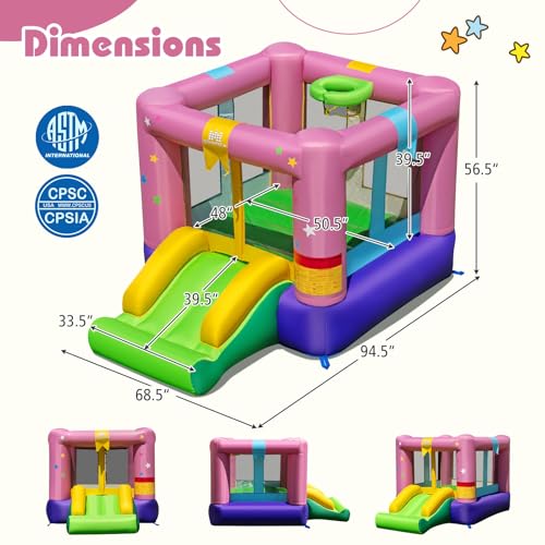 BOUNTECH Inflatable Bounce House, Bouncy House for Kids 3-12 Indoor Outdoor w/480W Blower, Jumping Area, Slide, Basketball Game, Mini Bounce House for Toddler Boys Girls Birthday Party Backyard Gifts