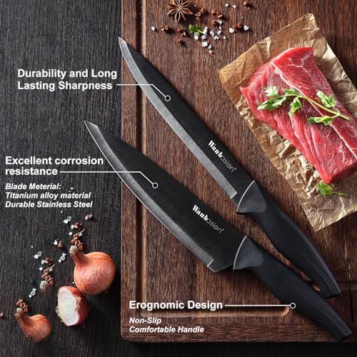 Wanbasion Black Professional Kitchen Knife Chef Set, Stainless Steel, Dishwasher Safe with Sheathes