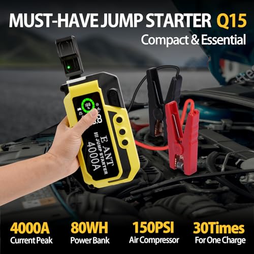 E-Ant Car Jump Starter with Air Compressor(10L Gas/8L Diesel), 4000A Peak 12v Auto Battery Jump Pack, Power Bank USB QC3.0 Outputs Portable Battery Booster Pack Jumper Box Tire inflator 150PSI, Yellow