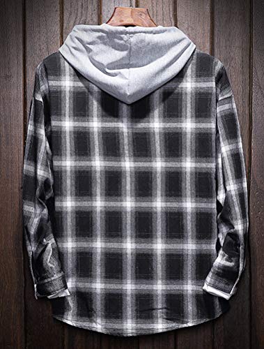 Lavnis Men's Plaid Hooded Shirts Casual Long Sleeve Lightweight Shirt Jackets Black S