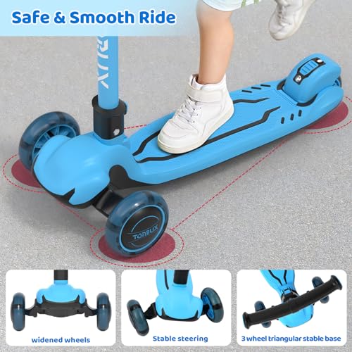 TONBUX Kids Scooter, Light Up 3 Wheel Scooters for Kids 5-7, Folding Toddler Scooter with Adjustable Height, Lean-to-Steer & Widen Anti-Slip Deck - Blue