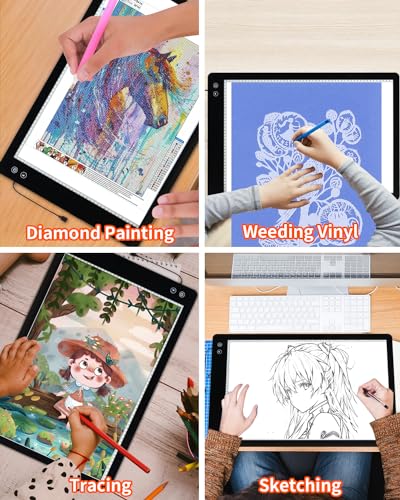 VECOHOTEL Rechargeable A4 Light Box for Tracing, 3-Color Super Bright Drawing Light Board with 6-Level/Stepless Brightness, 8860Lux & 3500mAh Battery, Light Pad for Diamond Painting, Weeding Vinyl