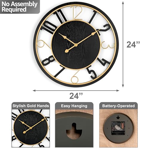 Sorbus Wooden Modern Wall Clock - Large Wall Clock for Living Room Decor - 24-Inch Big Wall Clock Decorative, Battery Operated Analog Large Clock - Ideal for Modern Wall Decor Living Room (Black)