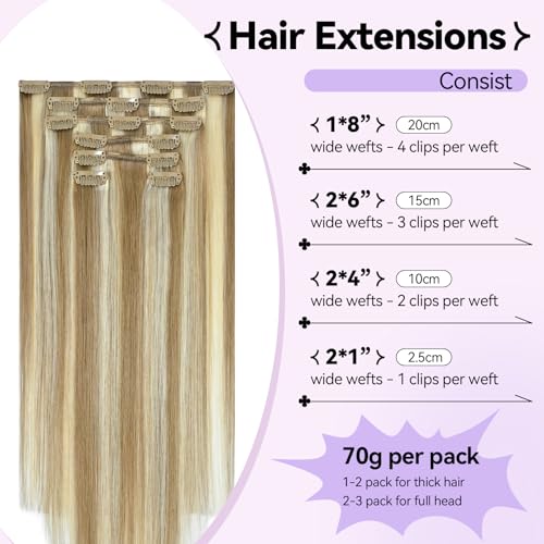 Ukira Blonde Clip in Hair Extensions, 15 Inch 70g 7pcs Ash Blonde Mixed Bleach Blonde Highlighted Hair Extensions, Ntural Straight Remy Human Hair Clip in Extensions for Women