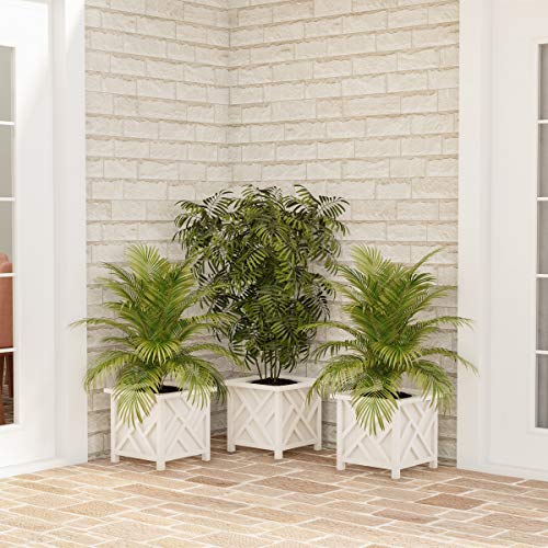 Lattice Design Planter Box 2-Pack – 14.75-Inch Decorative Outdoor Flower or Plant Pots – Front Porch, Patio, and Garden Decor by Pure Garden (White)