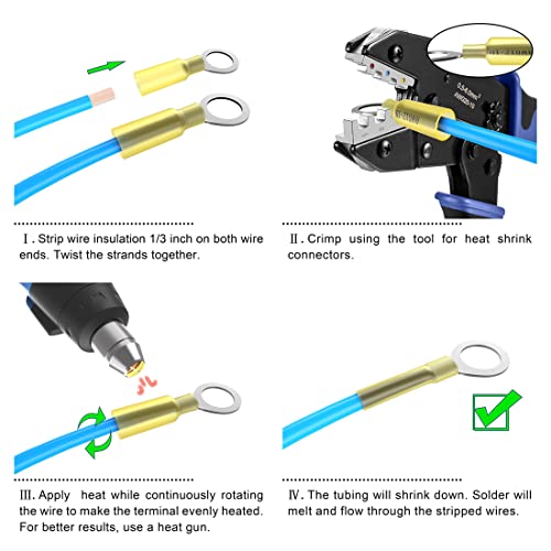 Sanuke 110PCS Yellow Marine Grade Heat Shrink Ring Connectors-Tinned red Copper 1.0mm 4 Sizes #10 1/4" 5/16" 3/8", 12-10 Gauge Heat Shrink Wire Connectors - Waterproof Insulated Crimp Terminals