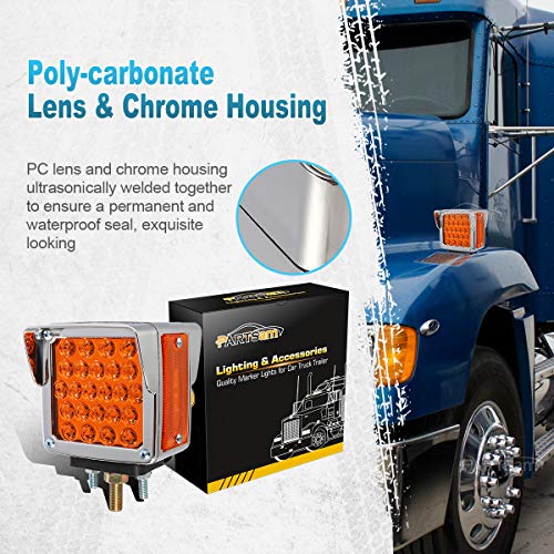 Partsam 2Pcs Double Face Trailer Pedestal Turn Signal Parking Lights with Chrome Visors, Amber/Amber Dual Face Square 52 LED Fender Stud Mount Light for Trucks Trailers, Dual Studs