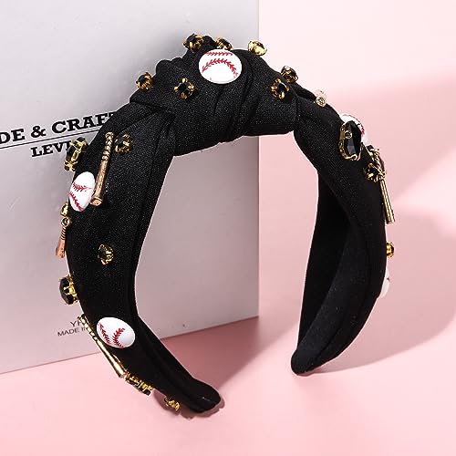 Baseball Knotted Headband for Women Sparkle Crystal Baseball Charm Headband Game Day Top Knot Hairband Baseball Mom Accessories Gift for Sports Fans