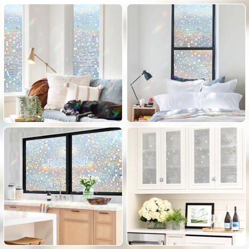 rabbitgoo Window Privacy Film Stained Glass Window Film Mosaic Static Cling Decorative Window Vinyl, Removable Rainbow Window Tint, Non-Adhesive UV Blocking for Home Office, 17.5 x 78.7 inches