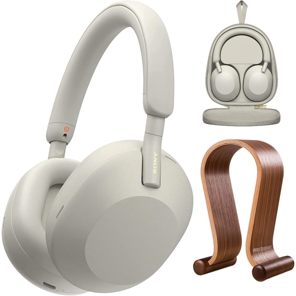 Sony WH-1000XM5 Wireless Industry Leading Noise Canceling Headphones, Silver Bundle with Deco Gear Wood Headphone Display Stand and Protective Travel Carry Case